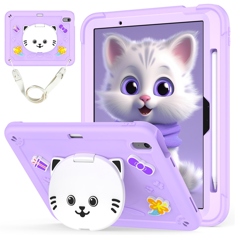 For iPad Air 11 (2025) / (2024) Case PC + Silicone Tablet Cover with Cat Kickstand / Shoulder Strap - Light Purple