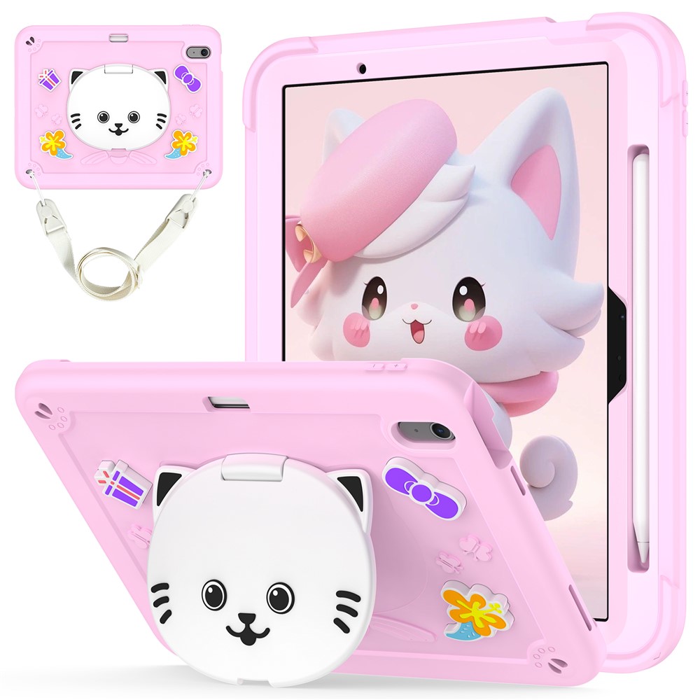 For iPad Air 11 (2025) / (2024) Case PC + Silicone Tablet Cover with Cat Kickstand / Shoulder Strap - Pink