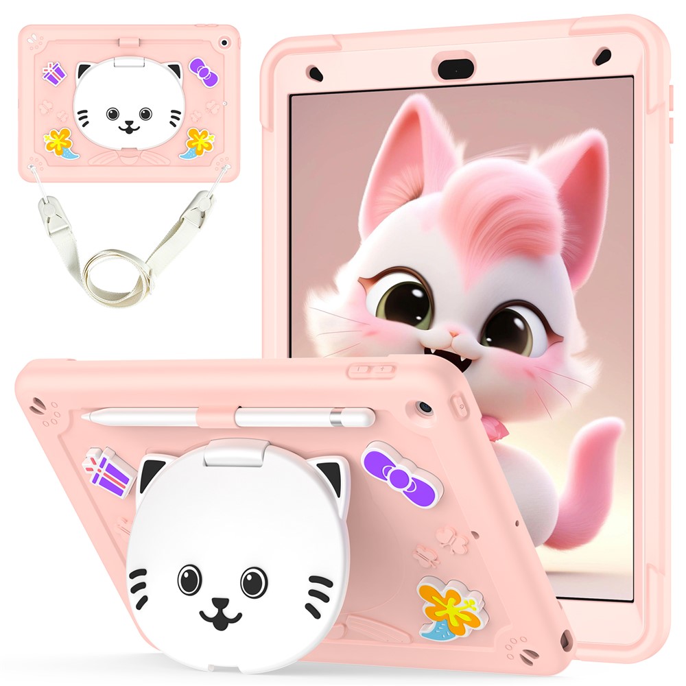 For iPad 10.2 (2021) / (2020) / (2019) Case PC + Silicone Tablet Cover with Cat Kickstand / Shoulder Strap - Rose Pink