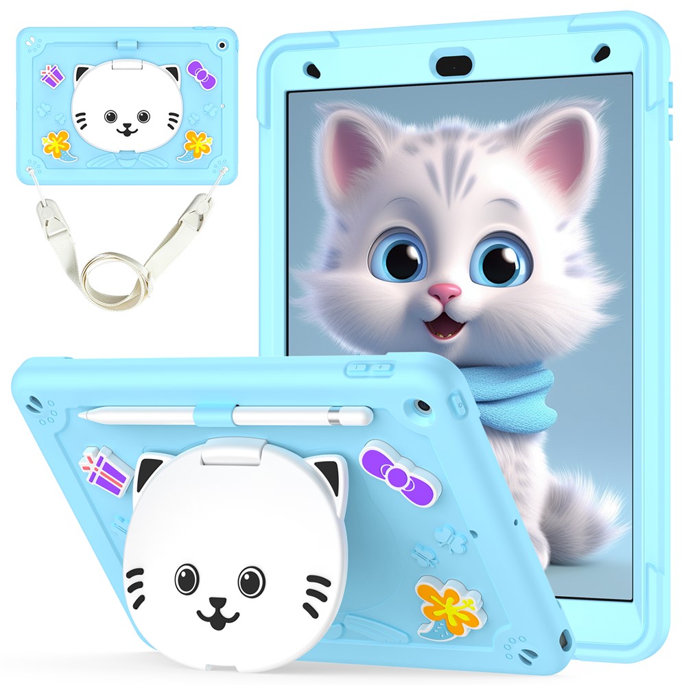For iPad 10.2 (2021) / (2020) / (2019) Case PC + Silicone Tablet Cover with Cat Kickstand / Shoulder Strap - Sky Blue