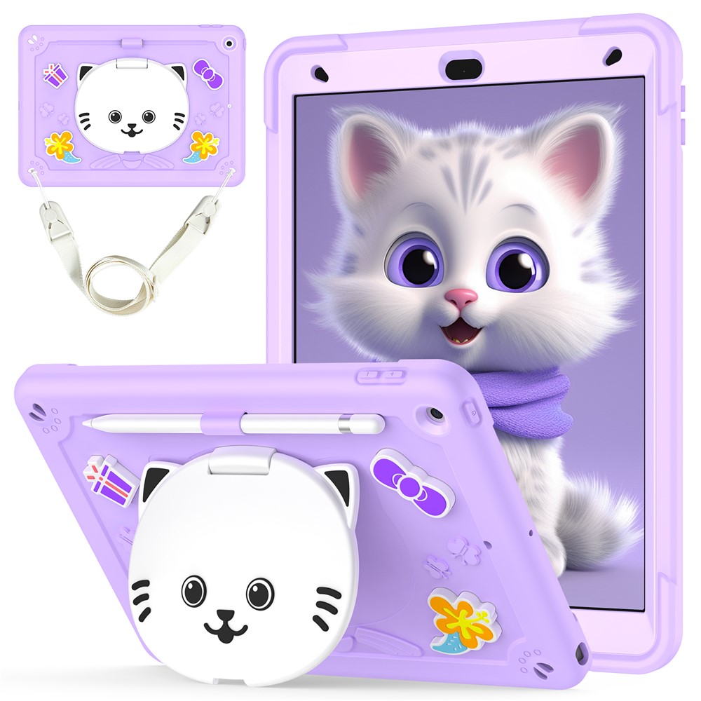 For iPad 10.2 (2021) / (2020) / (2019) Case PC + Silicone Tablet Cover with Cat Kickstand / Shoulder Strap - Light Purple