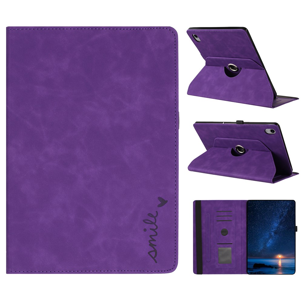 For iPad mini (2024)  /  (2021) Case Rotating Stand Card Holder Smile Imprinted Microfiber Leather Tablet Cover - Purple