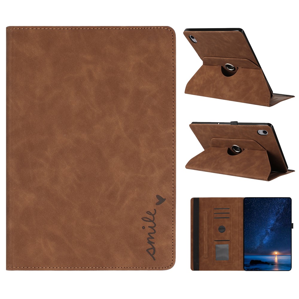 For iPad mini (2024) / (2021) Case Rotating Stand Card Holder Smile Imprinted Microfiber Leather Tablet Cover - Brown