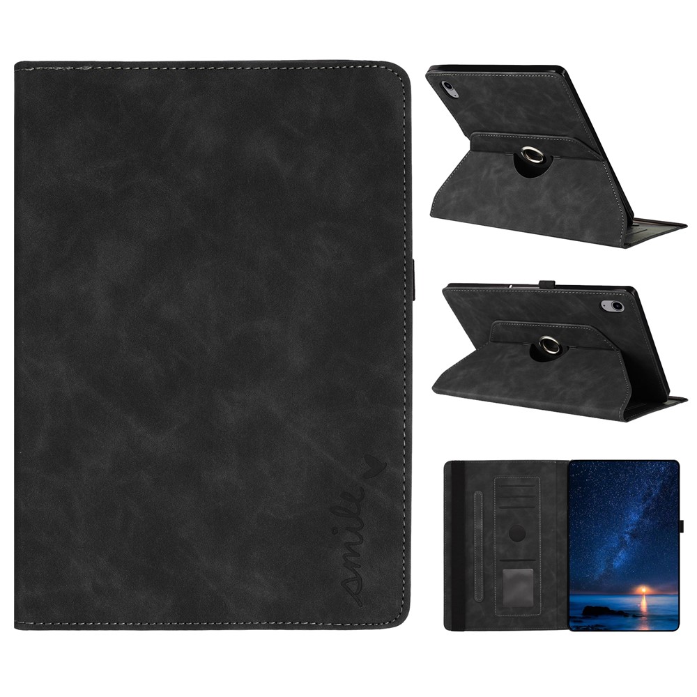 For iPad mini (2024) / (2021) Case Rotating Stand Card Holder Smile Imprinted Microfiber Leather Tablet Cover - Black