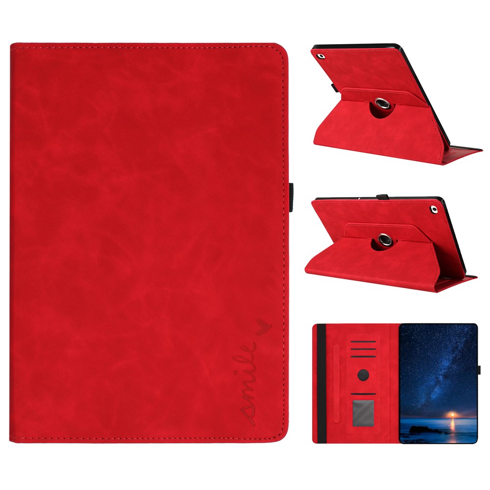Tablet Case For iPad 9.7-inch (2018)  /  (2017)  /  Air 2  /  Air (2013) Rotating Stand Card Holder Smile Imprinted Microfiber Leather Cover - Red