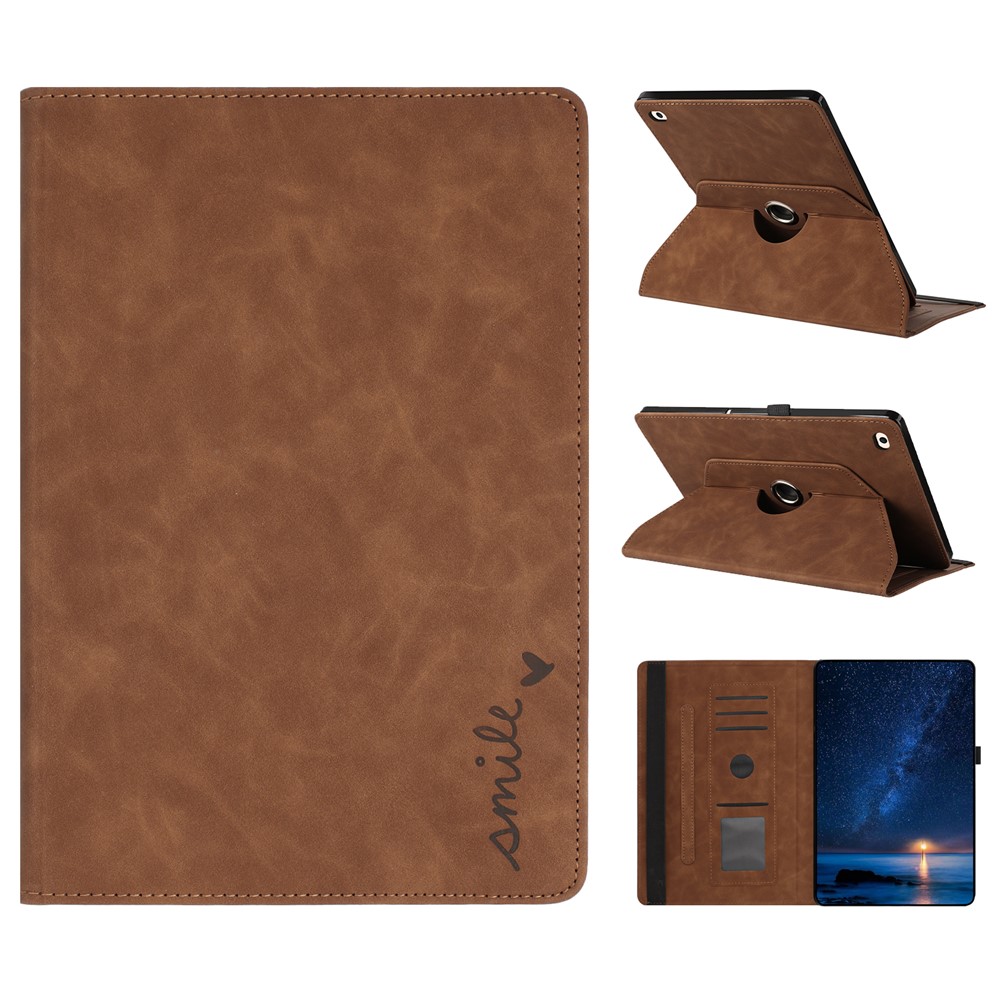 Tablet Case For iPad 9.7-inch (2018) / (2017) / Air 2 / Air (2013) Rotating Stand Card Holder Smile Imprinted Microfiber Leather Cover - Brown