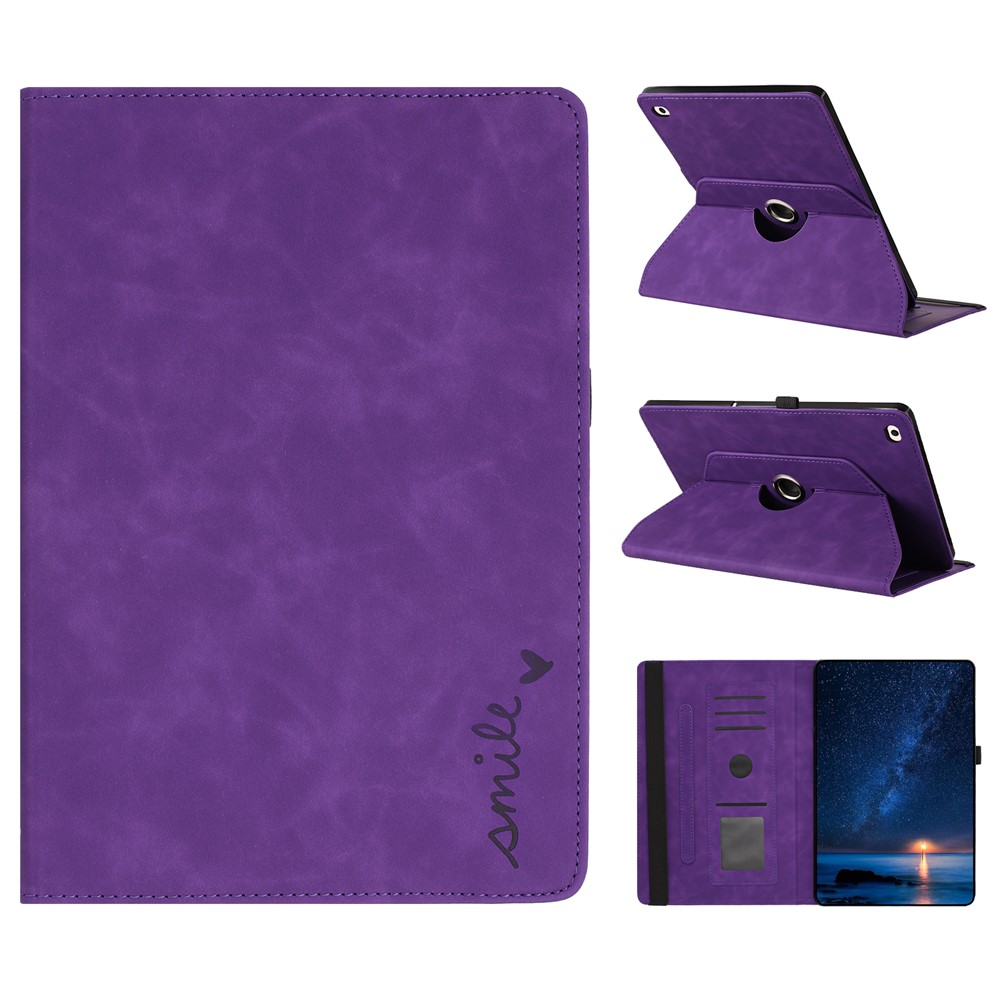 Tablet Case For iPad 9.7-inch (2018) / (2017) / Air 2 / Air (2013) Rotating Stand Card Holder Smile Imprinted Microfiber Leather Cover - Purple
