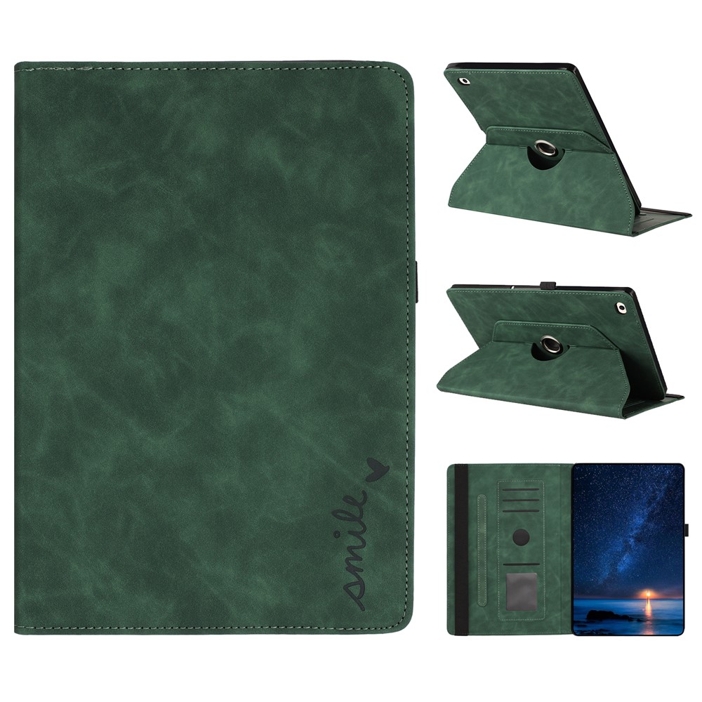 Tablet Case For iPad 9.7-inch (2018) / (2017) / Air 2 / Air (2013) Rotating Stand Card Holder Smile Imprinted Microfiber Leather Cover - Green