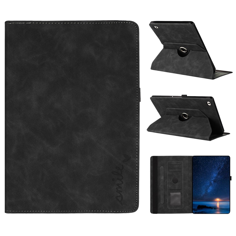 Tablet Case For iPad 9.7-inch (2018) / (2017) / Air 2 / Air (2013) Rotating Stand Card Holder Smile Imprinted Microfiber Leather Cover - Black