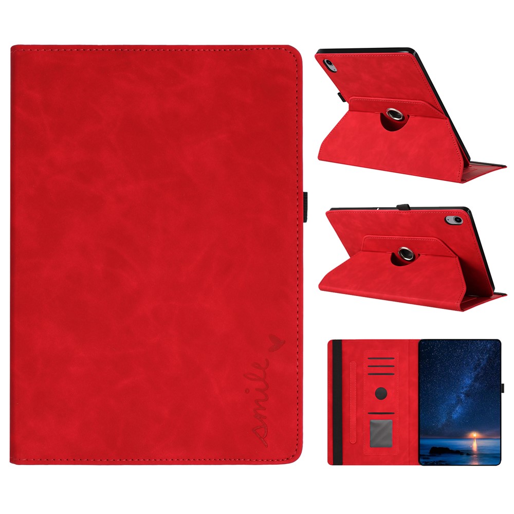 For iPad (2025) / 10.9 (2022) Case Rotating Stand Card Holder Smile Imprinted Microfiber Leather Tablet Cover - Red