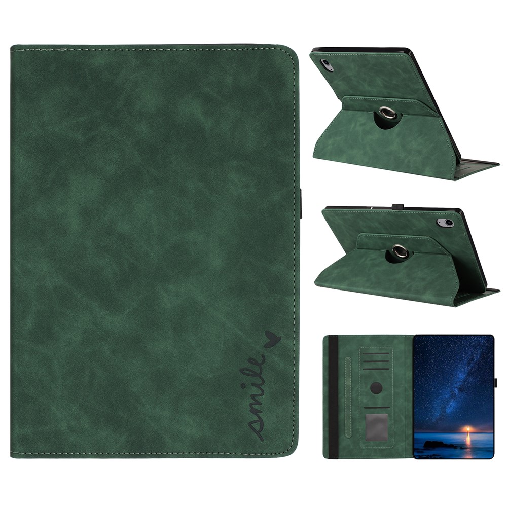 For iPad (2025) / 10.9 (2022) Case Rotating Stand Card Holder Smile Imprinted Microfiber Leather Tablet Cover - Green