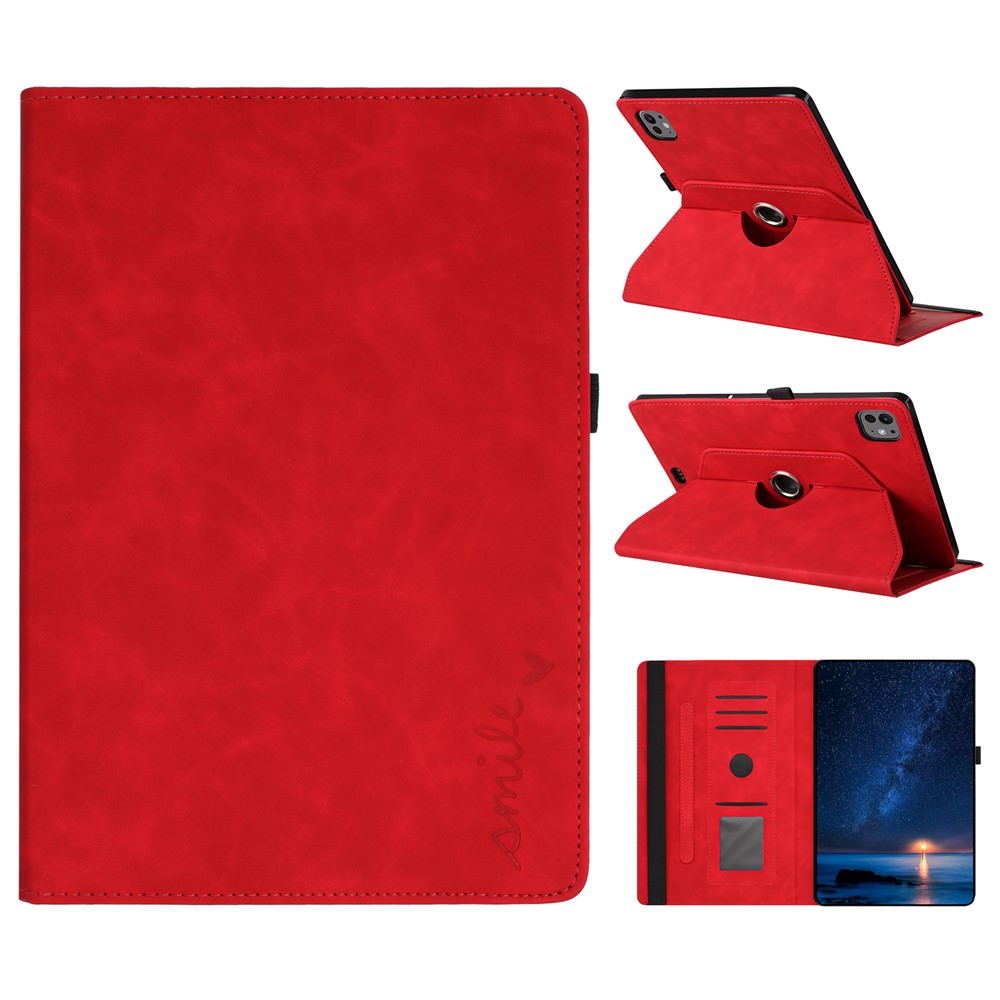 Tablet Case For iPad Air 11 (2025) / (2024) / Air (2022) / (2020) Rotating Stand Card Holder Smile Imprinted Microfiber Leather Cover - Red