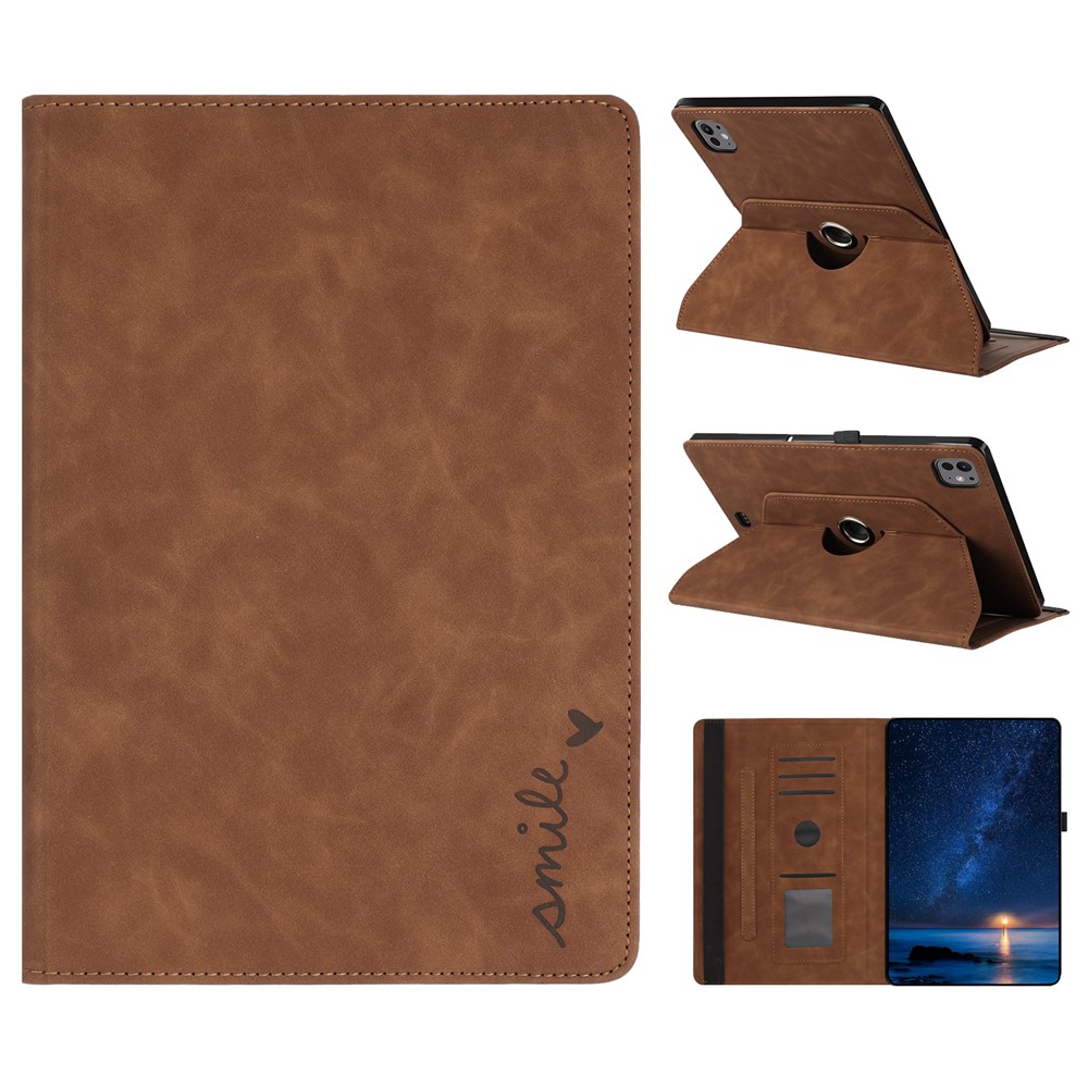 Tablet Case For iPad Air 11 (2025) / (2024) / Air (2022) / (2020) Rotating Stand Card Holder Smile Imprinted Microfiber Leather Cover - Brown