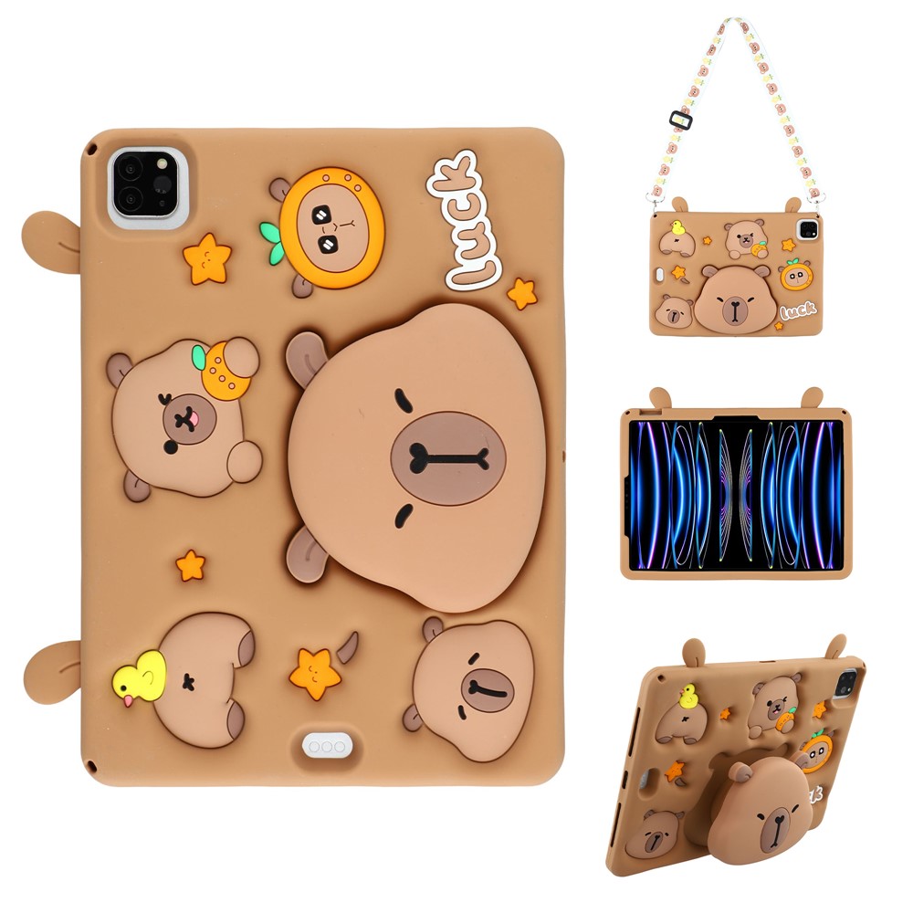 Silicone Case for iPad Air 11 (2025) / (2024) / Air (2022) / (2020) / iPad Pro 11 (2024) / (2022) / (2021) / (2020) / (2018) Tablet Cover with Retractable Bear Kickstand / Shoulder Strap