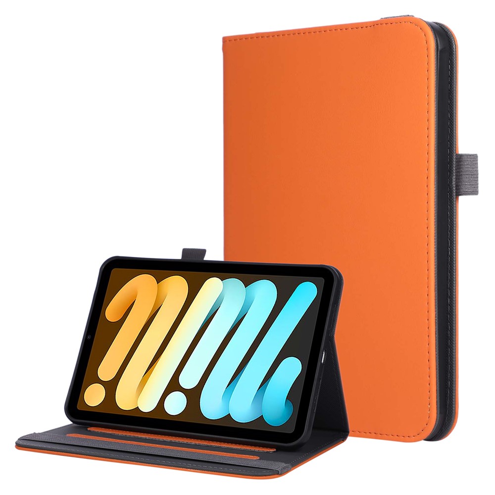 For iPad mini (2024)  /  (2021) Case Foldable Stand Leather Tablet Cover with Handheld Wristband - Orange