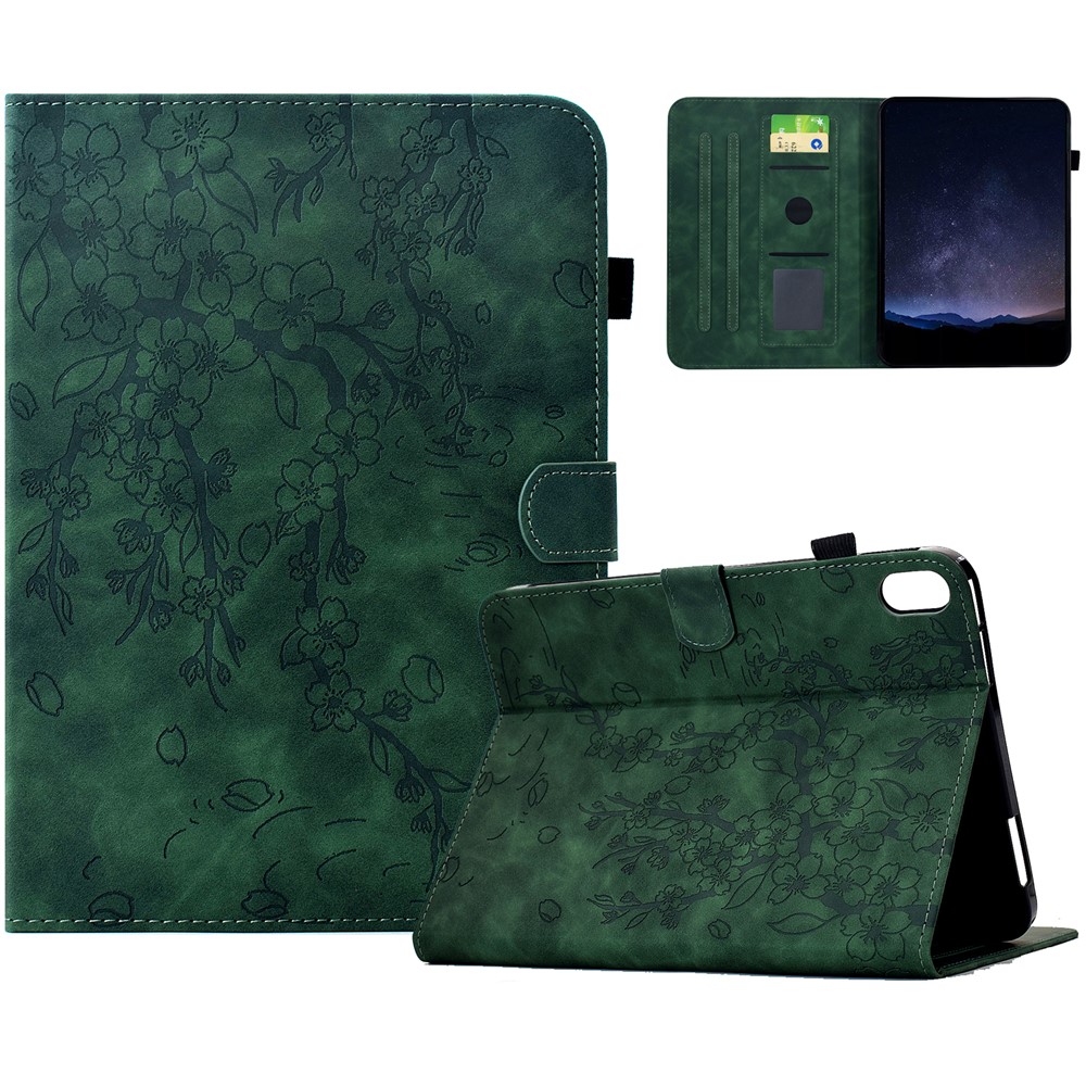For iPad mini (2024) / mini (2021) Case Imprinted Plum Blossom Stand Card Slots Leather Tablet Cover with Auto Sleep / Wake - Green