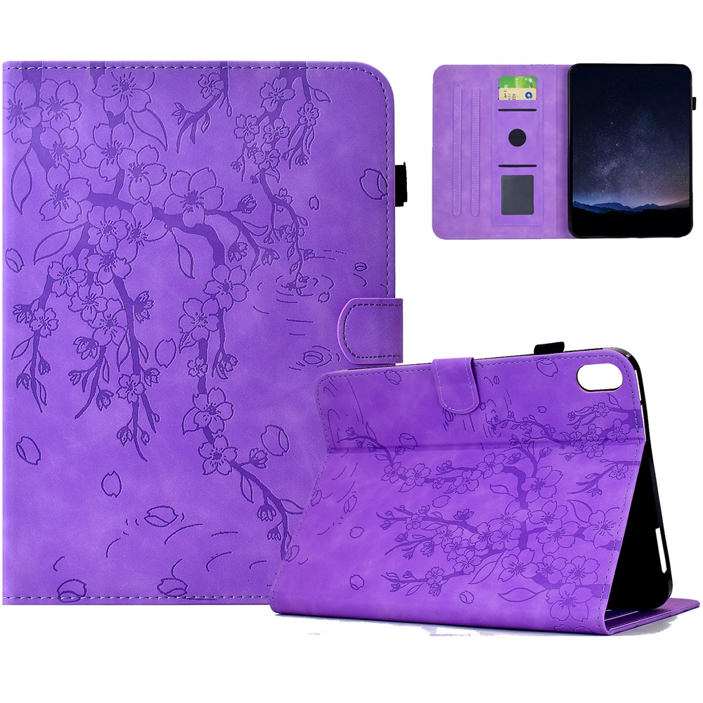 For iPad mini (2024) / mini (2021) Case Imprinted Plum Blossom Stand Card Slots Leather Tablet Cover with Auto Sleep / Wake - Light Purple