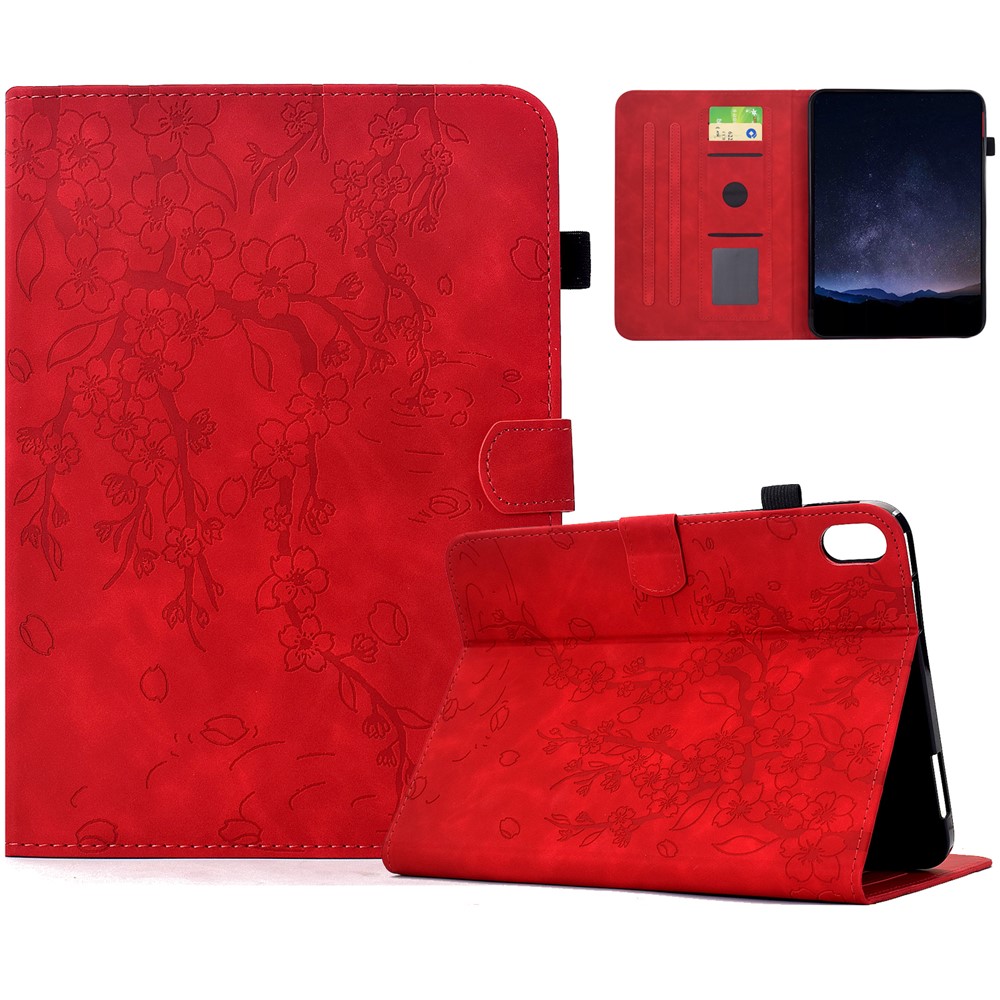 For iPad mini (2024) / mini (2021) Case Imprinted Plum Blossom Stand Card Slots Leather Tablet Cover with Auto Sleep / Wake - Red