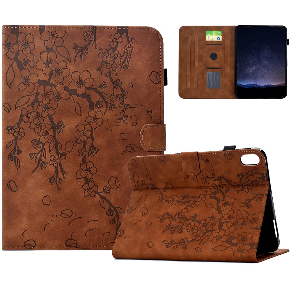 For iPad mini (2024) / mini (2021) Case Imprinted Plum Blossom Stand Card Slots Leather Tablet Cover with Auto Sleep / Wake - Brown