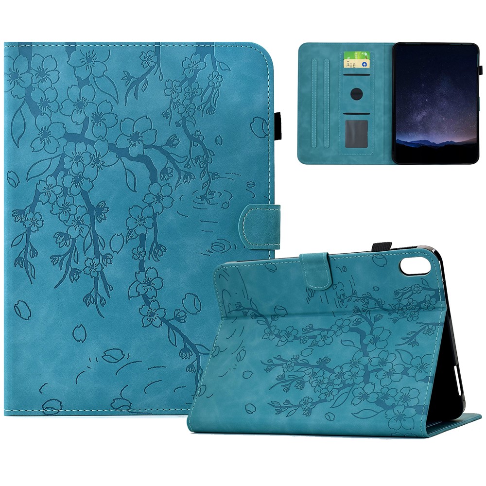For iPad (2025) / iPad 10.9 (2022) Case Imprinted Plum Blossom Stand Card Slots Leather Tablet Cover with Auto Sleep / Wake - Baby Blue