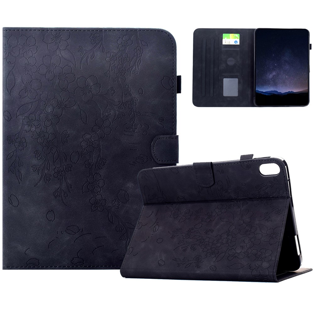 For iPad (2025) / iPad 10.9 (2022) Case Imprinted Plum Blossom Stand Card Slots Leather Tablet Cover with Auto Sleep / Wake - Black