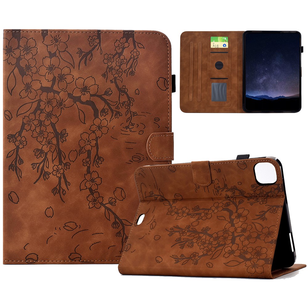 Leather Case for iPad Air 11 (2025) / (2024) / Air (2022) / Air (2020) / iPad Pro 11 (2022) / (2021) / (2021) / (2020) / (2018) Plum Blossom Stand Card Slots Tablet Cover - Brown