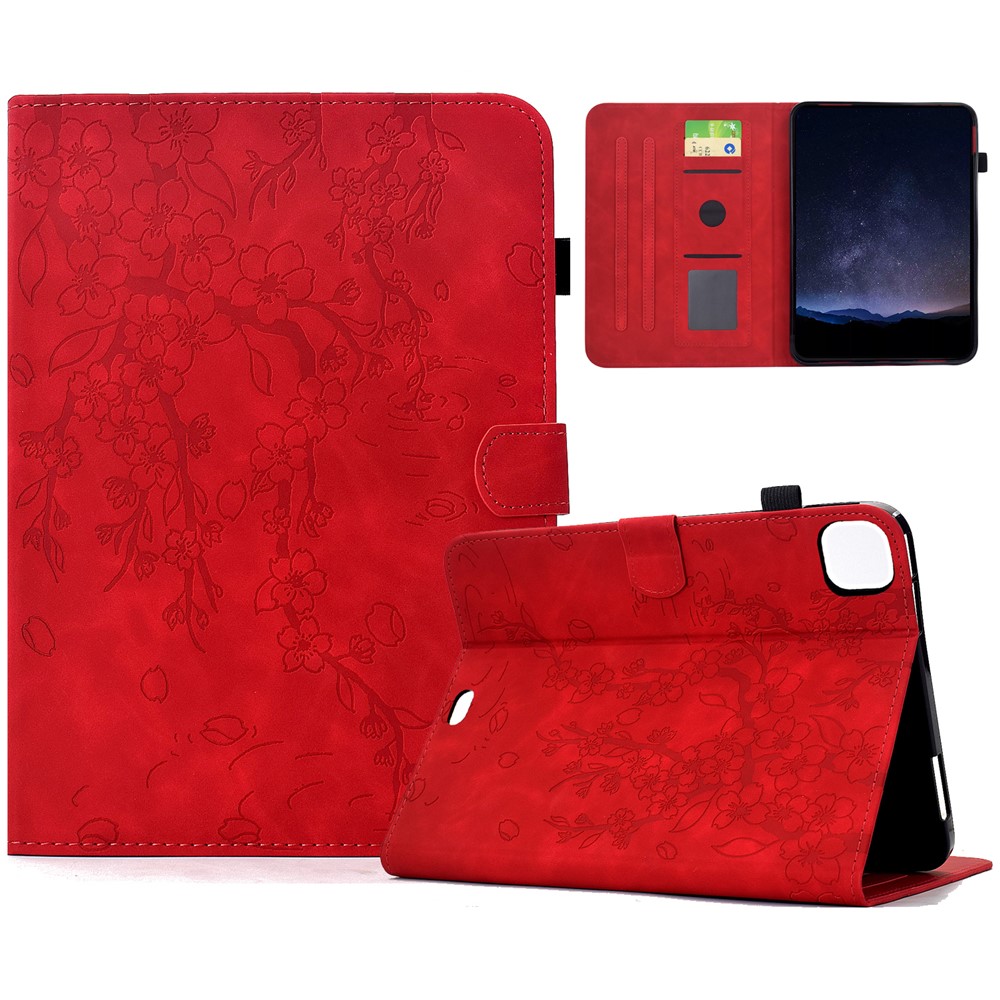 Leather Case for iPad Air 11 (2025) / (2024) / Air (2022) / Air (2020) / iPad Pro 11 (2022) / (2021) / (2021) / (2020) / (2018) Plum Blossom Stand Card Slots Tablet Cover - Red