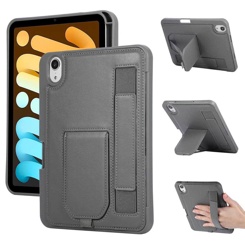 For iPad mini (2024) / (2021) Case Kickstand PU + TPU Tablet Cover with Wristband / Pen Slot - Grey