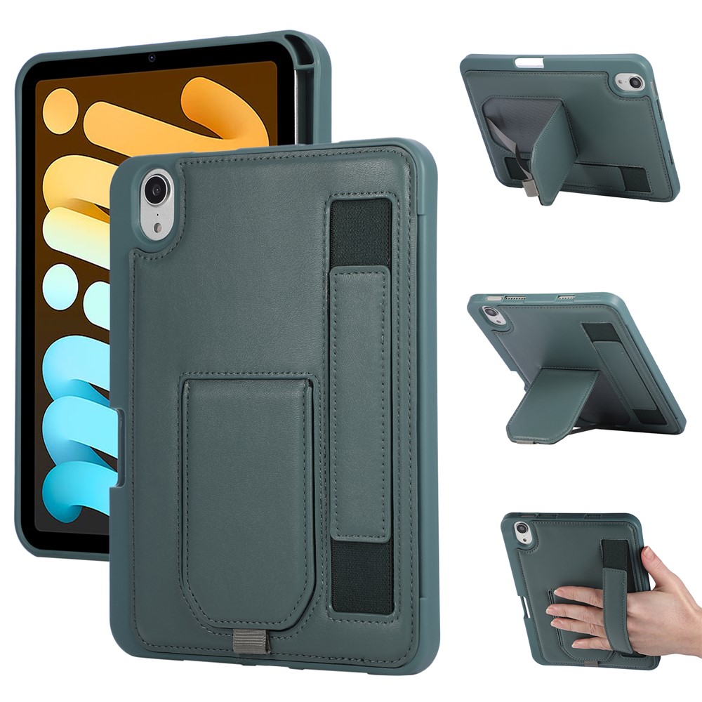 For iPad mini (2024) / (2021) Case Kickstand PU + TPU Tablet Cover with Wristband / Pen Slot - Green