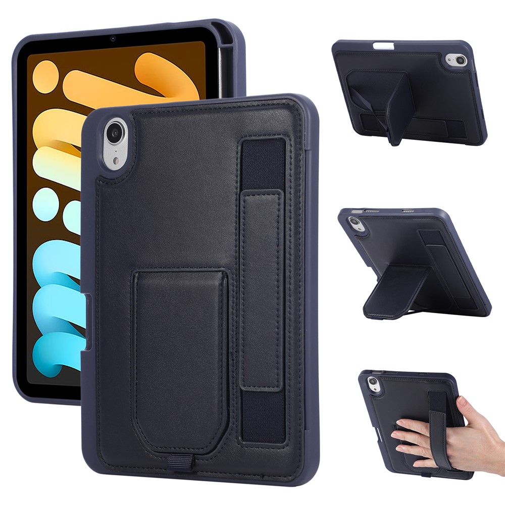 For iPad mini (2024) / (2021) Case Kickstand PU + TPU Tablet Cover with Wristband / Pen Slot - Blue