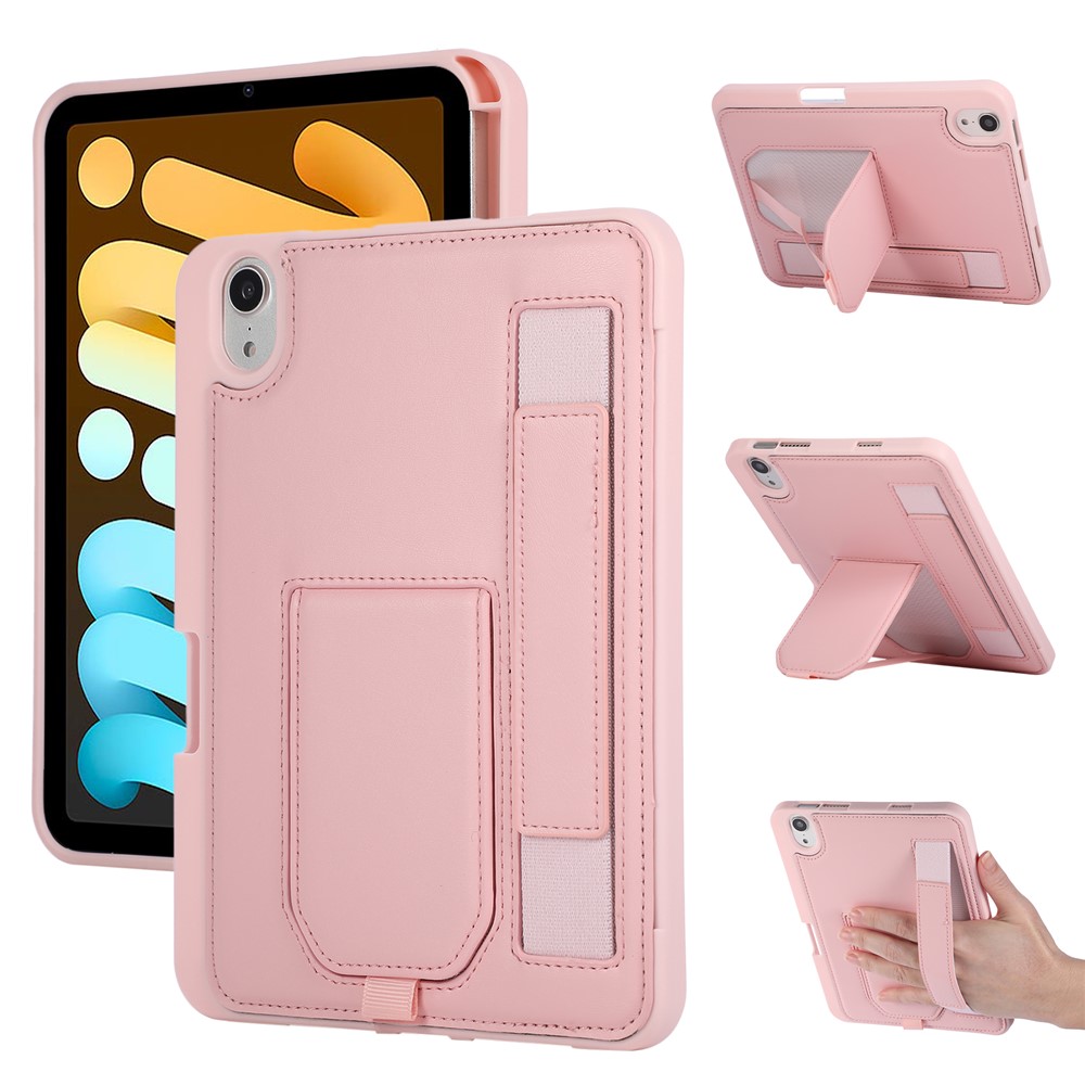 For iPad mini (2024) / (2021) Case Kickstand PU + TPU Tablet Cover with Wristband / Pen Slot - Pink