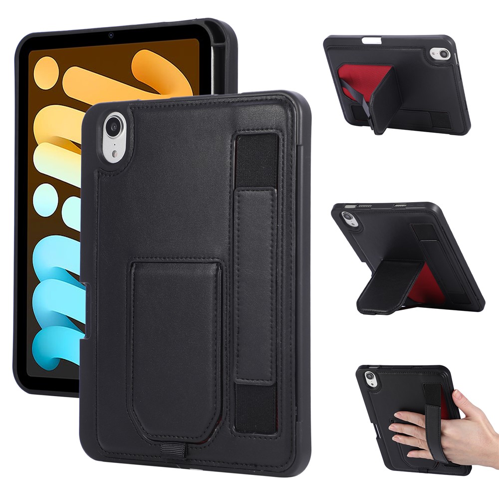 For iPad mini (2024) / (2021) Case Kickstand PU + TPU Tablet Cover with Wristband / Pen Slot - Black