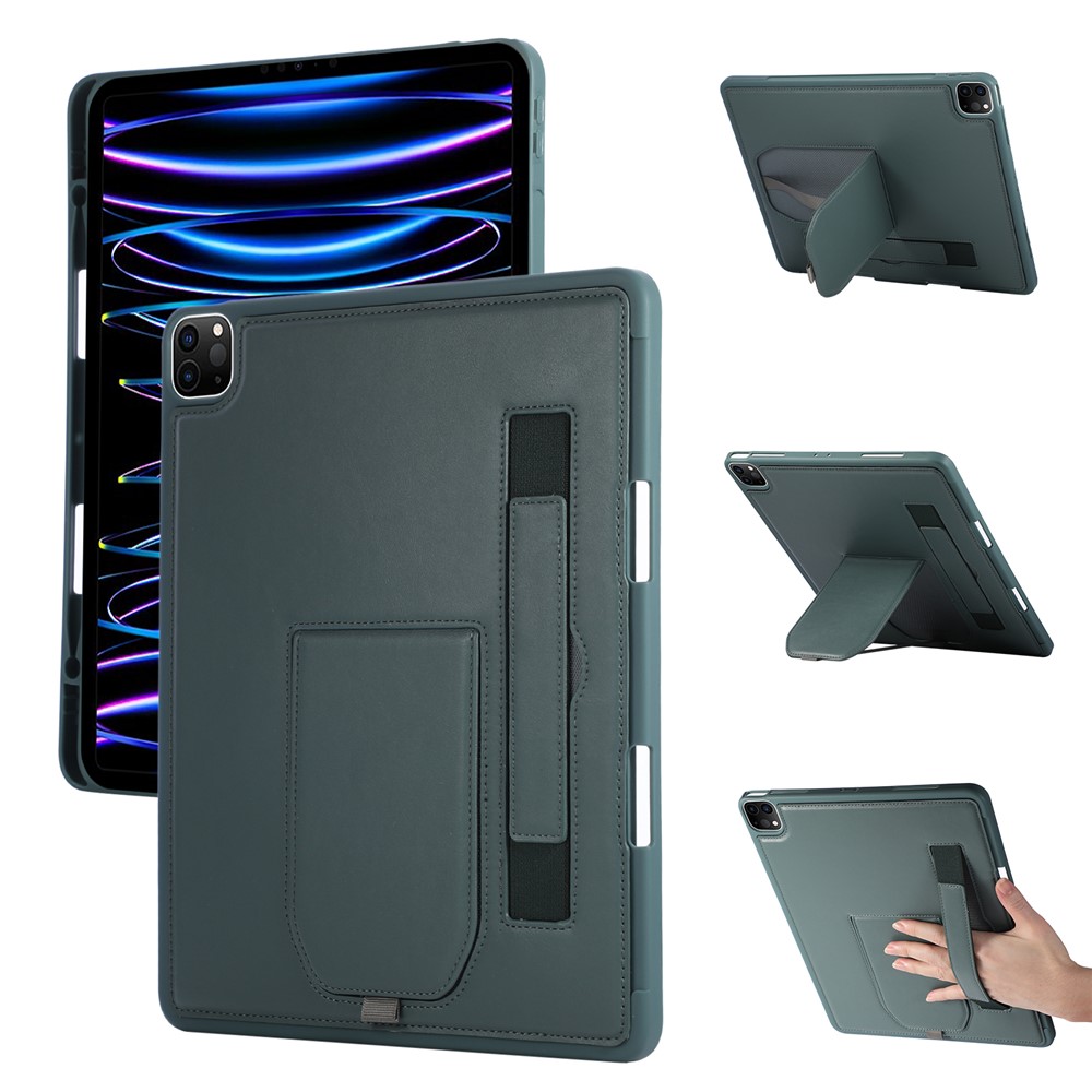 Tablet Case For iPad Air 13 (2025)  /  (2024)  /  Pro 12.9 (2022)  /  (2021)  /  (2020) Kickstand PU + TPU Cover with Wristband  /  Pen Slot - Green