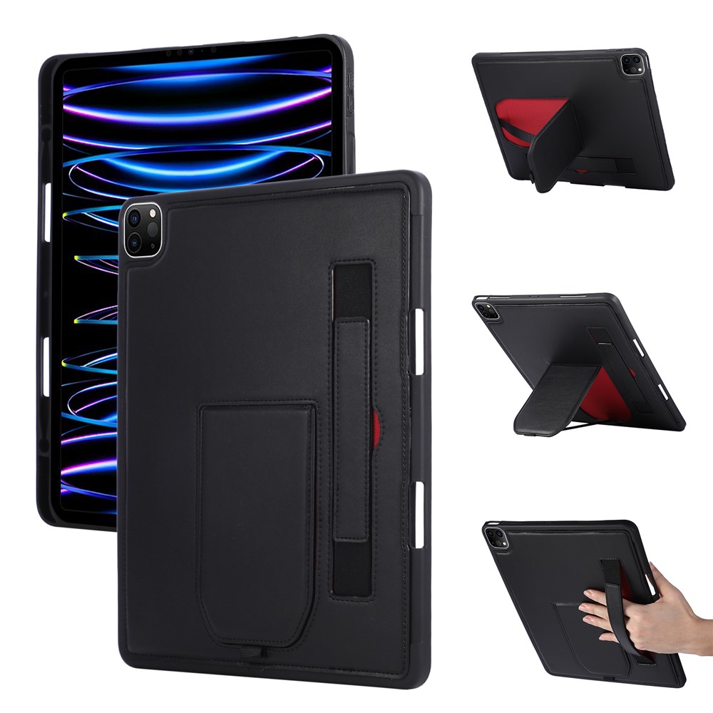 Tablet Case For iPad Air 13 (2025)  /  (2024)  /  Pro 12.9 (2022)  /  (2021)  /  (2020) Kickstand PU + TPU Cover with Wristband  /  Pen Slot - Black