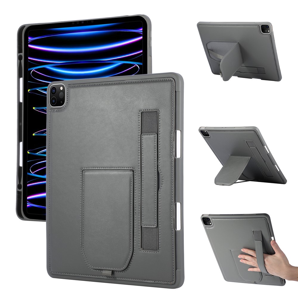 Tablet Case For iPad Air 13 (2025)  /  (2024)  /  Pro 12.9 (2022)  /  (2021)  /  (2020) Kickstand PU + TPU Cover with Wristband  /  Pen Slot - Grey