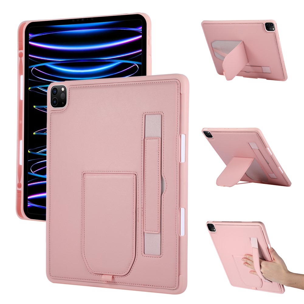 Tablet Case For iPad Air 13 (2025)  /  (2024)  /  Pro 12.9 (2022)  /  (2021)  /  (2020) Kickstand PU + TPU Cover with Wristband  /  Pen Slot - Pink