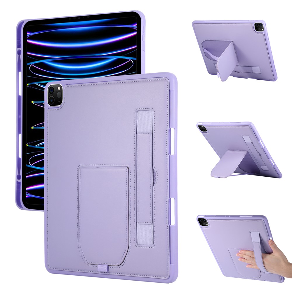 Tablet Case For iPad Air 13 (2025)  /  (2024)  /  Pro 12.9 (2022)  /  (2021)  /  (2020) Kickstand PU + TPU Cover with Wristband  /  Pen Slot - Purple