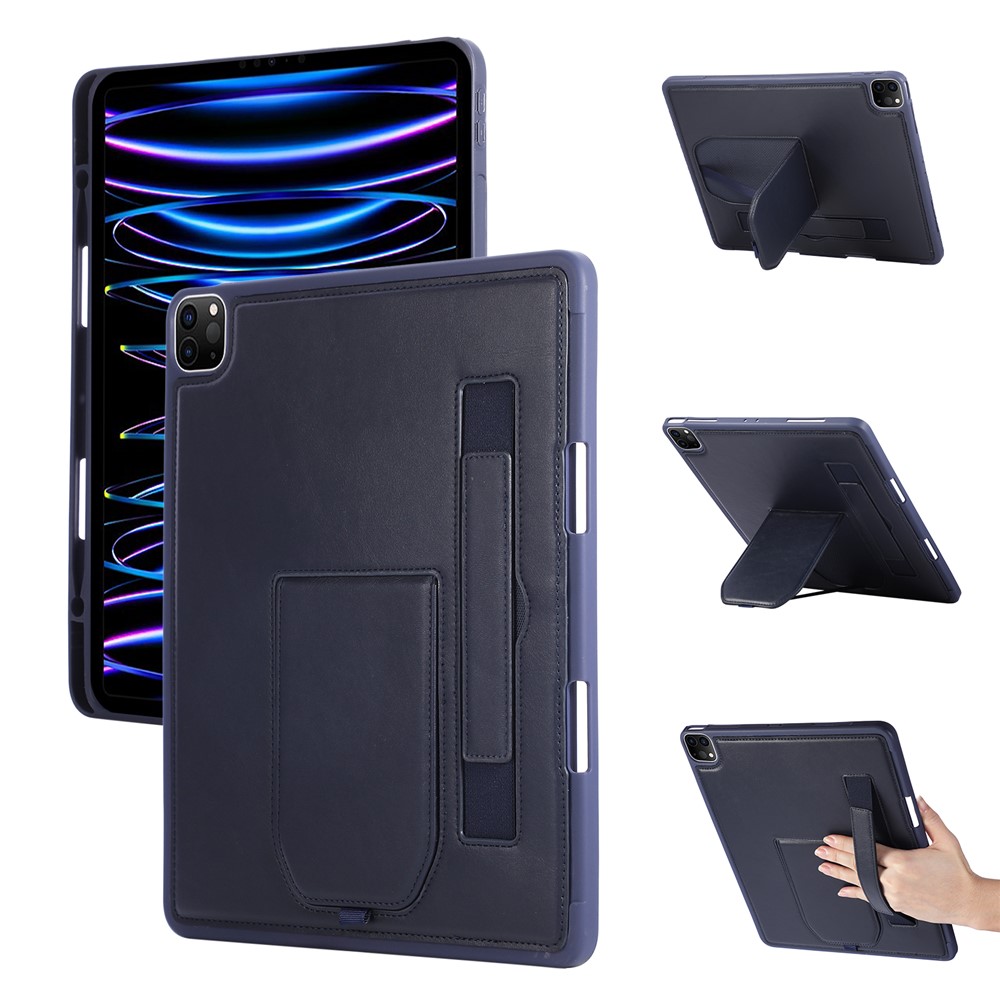 Tablet Case For iPad Air 13 (2025)  /  (2024)  /  Pro 12.9 (2022)  /  (2021)  /  (2020) Kickstand PU + TPU Cover with Wristband  /  Pen Slot - Blue