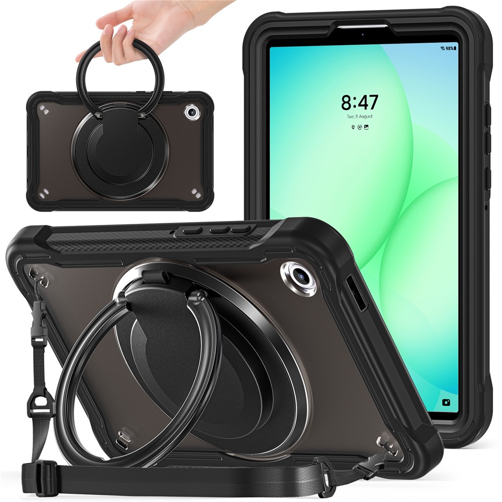 For Samsung Galaxy Tab A11 Case Rotary Kickstand PC + TPU + Silicone Cover with Shoulder Strap - Transparent Black