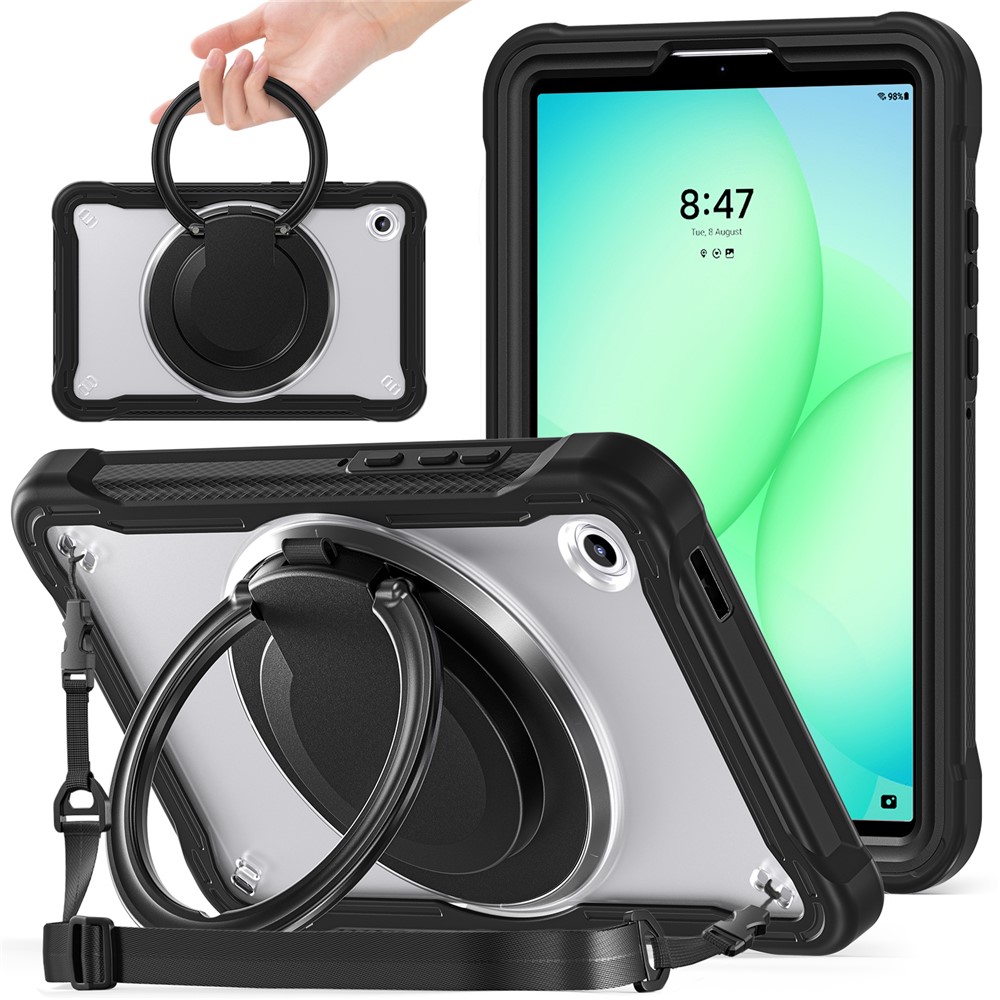For Samsung Galaxy Tab A11 Case Rotary Kickstand PC + TPU + Silicone Cover with Shoulder Strap - Transparent