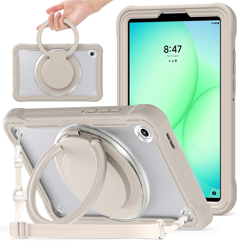 For Samsung Galaxy Tab A11 Case Rotary Kickstand PC + TPU + Silicone Cover with Shoulder Strap - Khaki