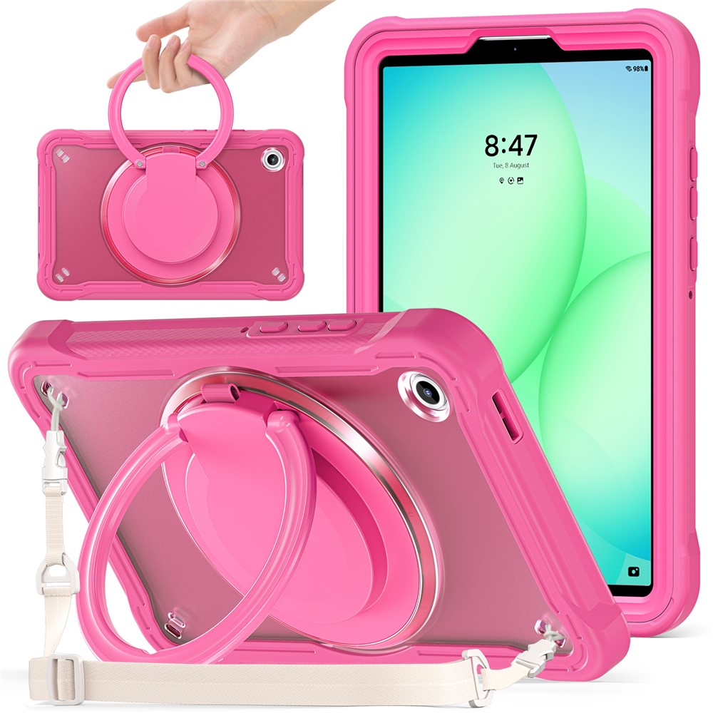 For Samsung Galaxy Tab A11 Case Rotary Kickstand PC + TPU + Silicone Cover with Shoulder Strap - Rose