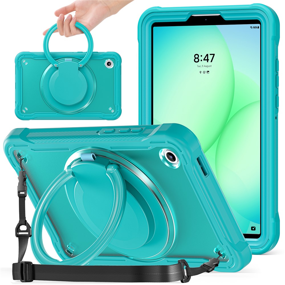 For Samsung Galaxy Tab A11 Case Rotary Kickstand PC + TPU + Silicone Cover with Shoulder Strap - Baby Blue