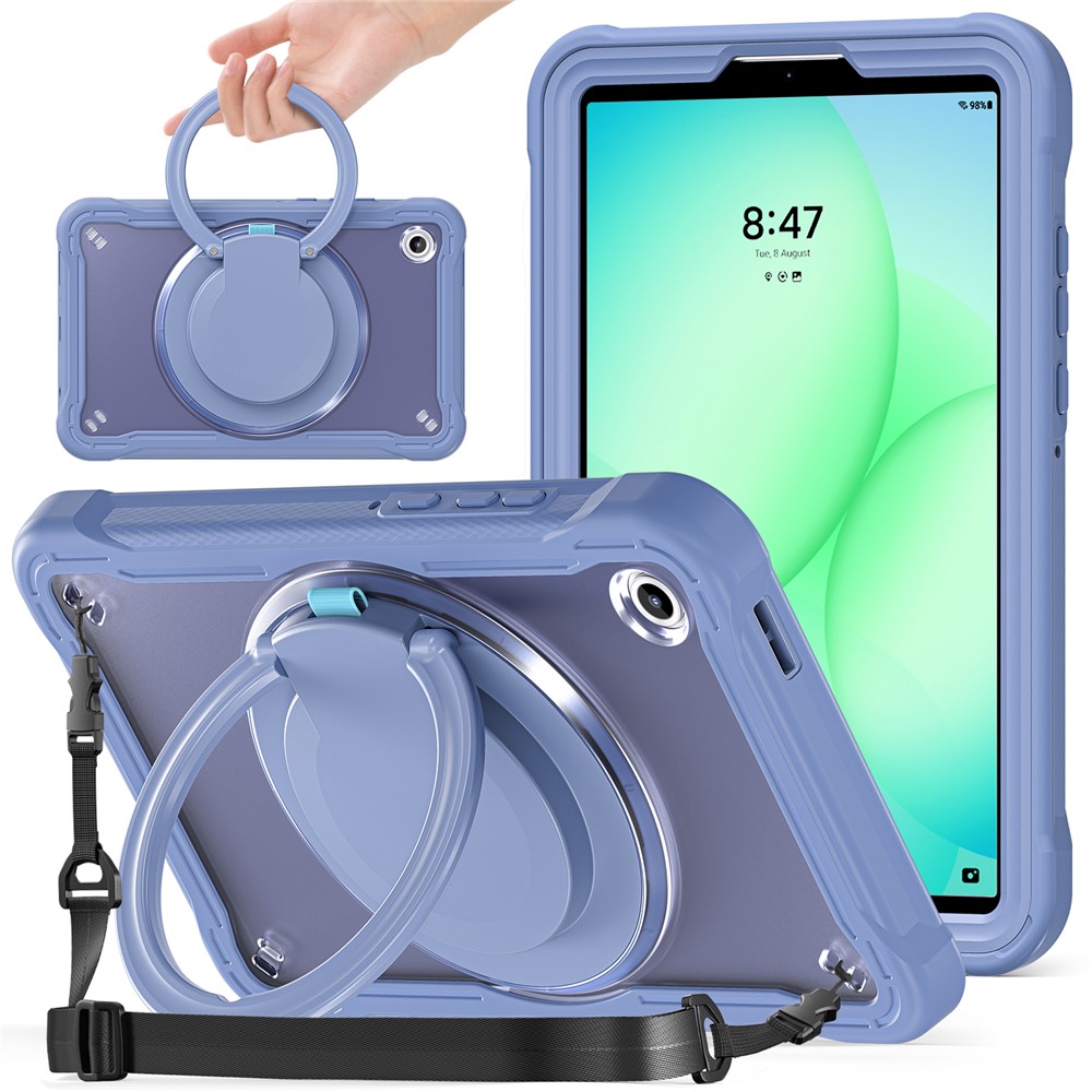For Samsung Galaxy Tab A11 Case Rotary Kickstand PC + TPU + Silicone Cover with Shoulder Strap - Lavender Grey