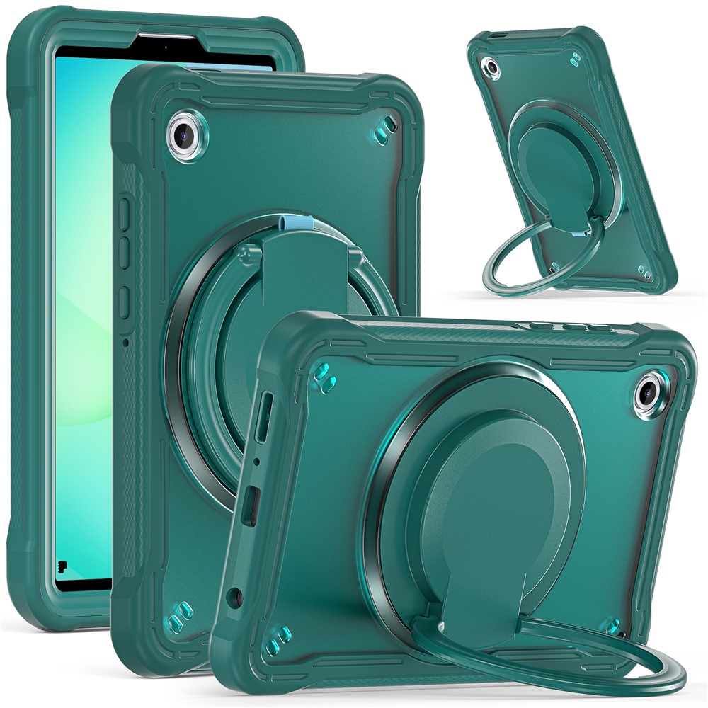 For Samsung Galaxy Tab A11 Case Rotary Kickstand PC + TPU + Silicone Tablet Cover - Midnight Green
