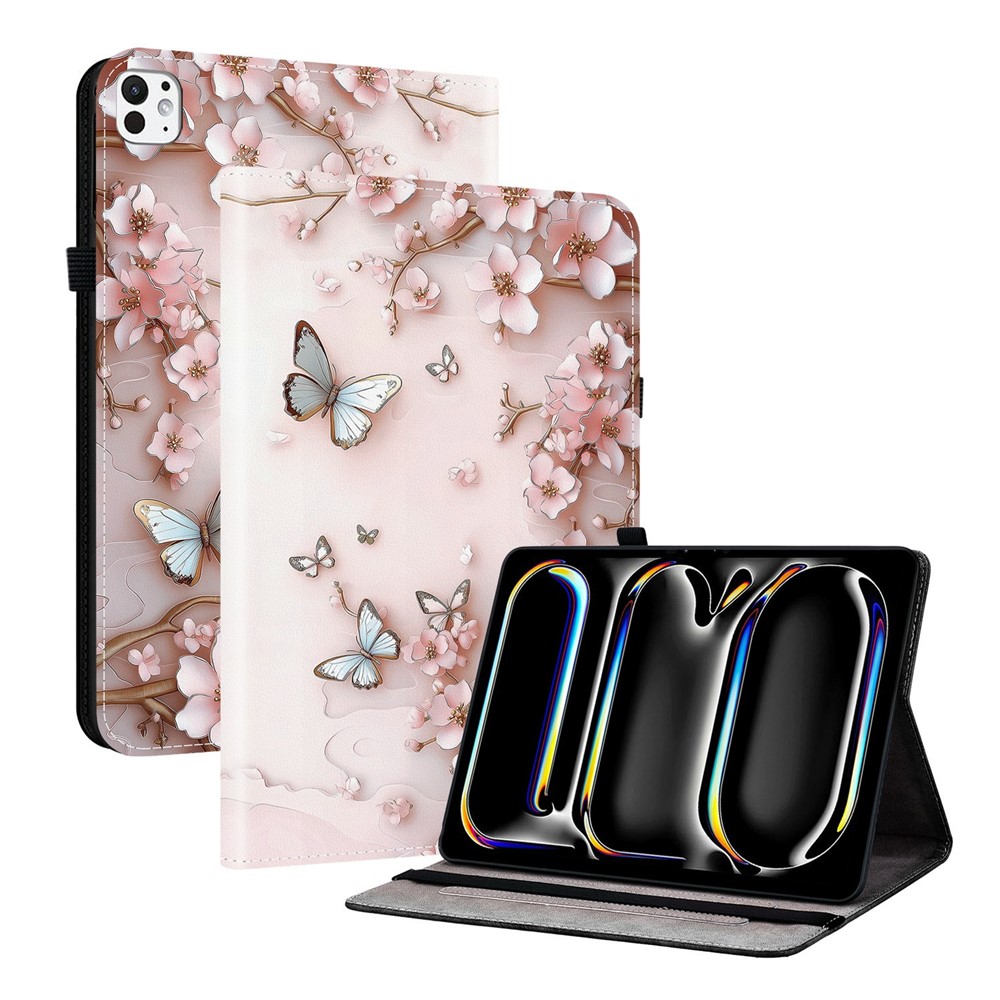 For iPad Pro 13 (2025) / (2024) Leather Case Pattern Printed Stand Tablet Cover with Card Slots - Pink Butterfly