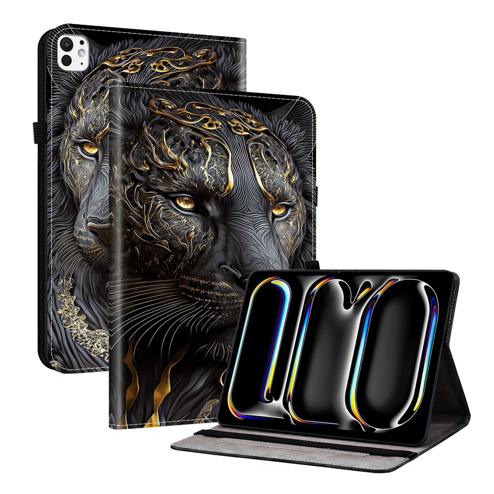 For iPad Pro 13 (2025)  /  (2024) Leather Case Pattern Printed Stand Tablet Cover with Card Slots - Black Gold Lion