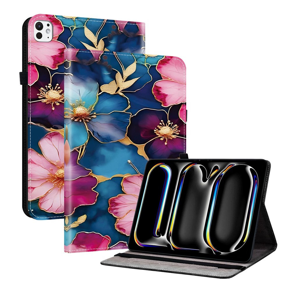 For iPad Pro 13 (2025)  /  (2024) Leather Case Pattern Printed Stand Tablet Cover with Card Slots - Blue Gold Flower