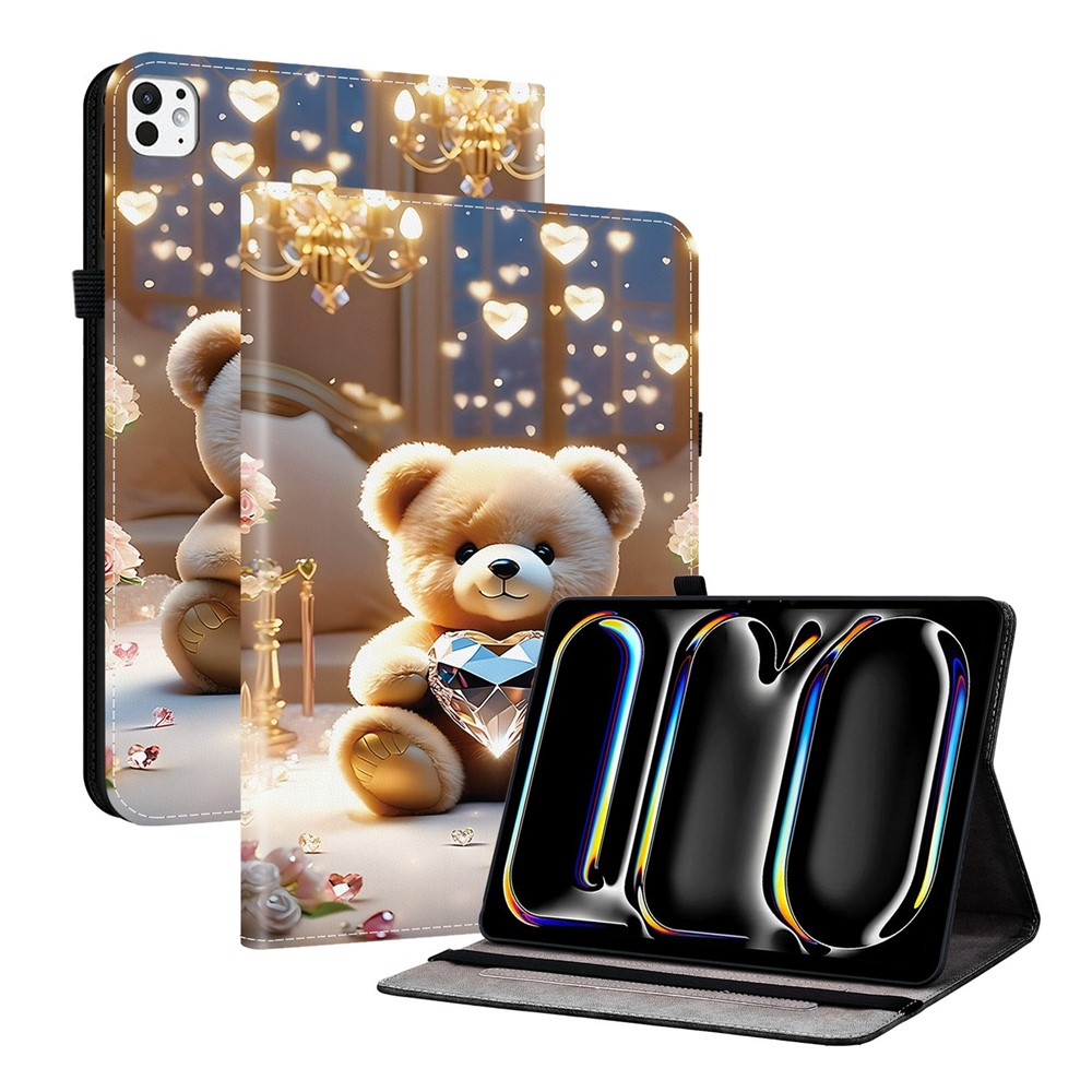 For iPad Pro 13 (2025)  /  (2024) Leather Case Pattern Printed Stand Tablet Cover with Card Slots - Diamond Bear