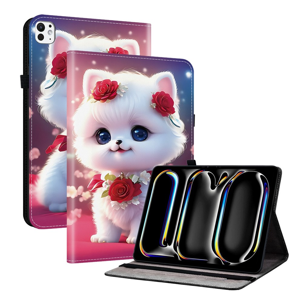 For iPad Pro 13 (2025) / (2024) Leather Case Pattern Printed Stand Tablet Cover with Card Slots - Rose Cat